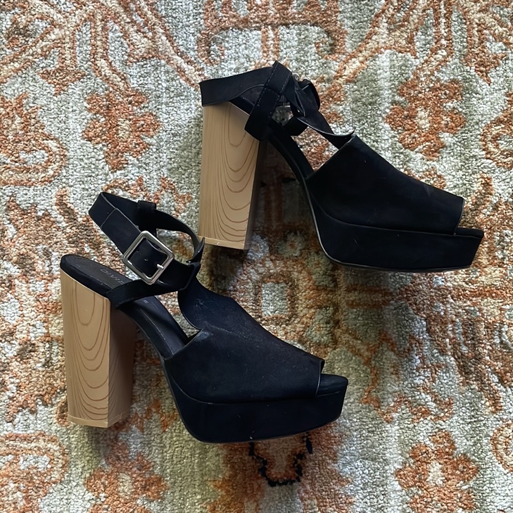 Divided Black Faux Suede & Chunky Wood Block Heel With Buckle Ankle Strap